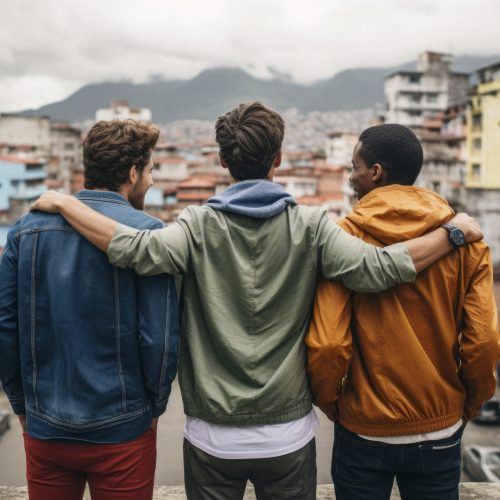 colombian three young men smiling and posing outside on a street, in the style of pop colorism, grey academia, cinematic photography, cinematic tones, cinematic color grading --ar 3:2 --style raw --v 5.2 Job ID: 1fb9b5cd-f922-4e17-9d5e-df7d348aa191